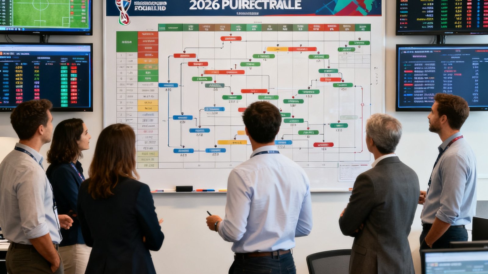 2026世界杯赛程表全图团队在办公室白板前讨论最新赛程调整，周围有多个屏幕显示赛程数据