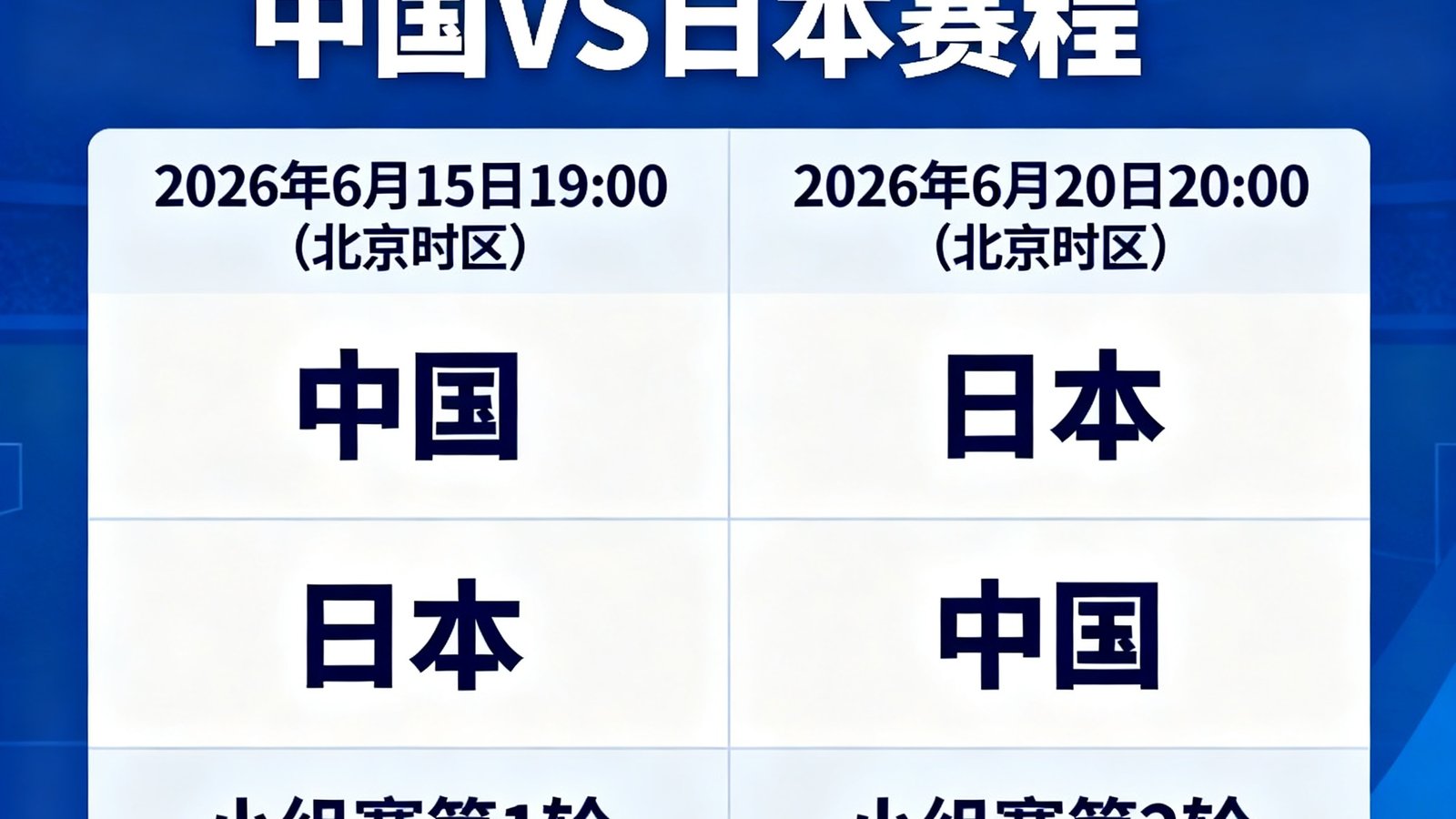2026世界杯小组赛中国对阵日本的完整赛程图，北京时区开球时间明确标注